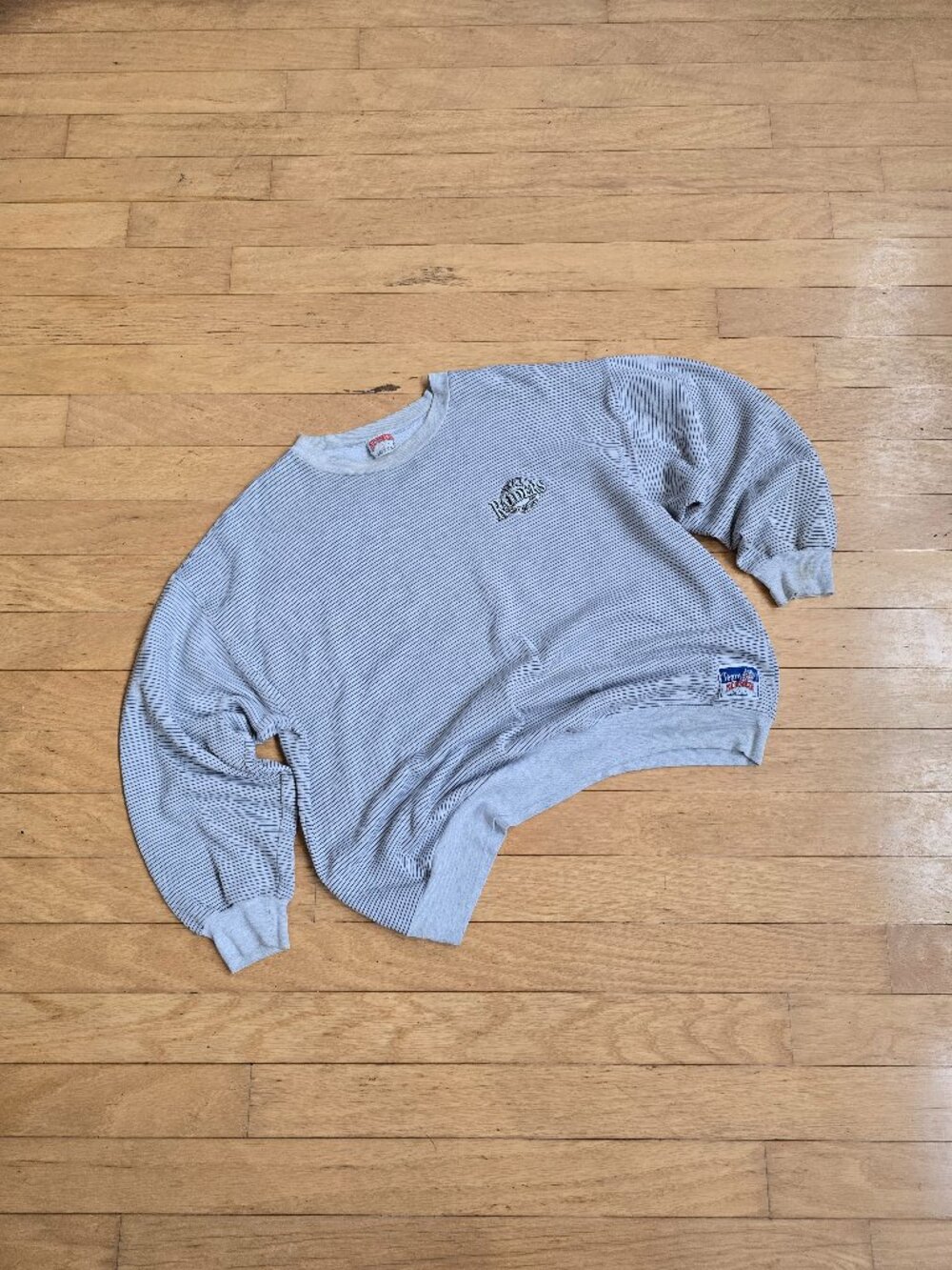 vintage 90s | Nutmeg Mills Raiders gray striped made in USA sweater | MENS XL